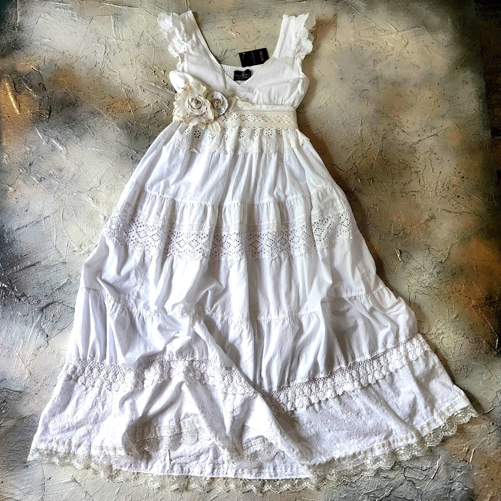 Designer White Camellia Maxi Dress Boho Upcycled 100% Cotton Rose Pin Pearl Belt